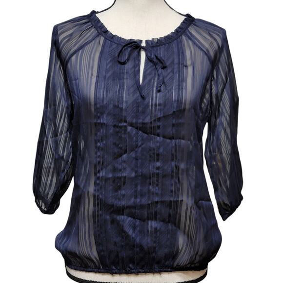 Express Blue Sheer Blouse Womens Sz S Tonal Stripe 3/4 Sleeve Tie Neck Top Shirt - Picture 1 of 6